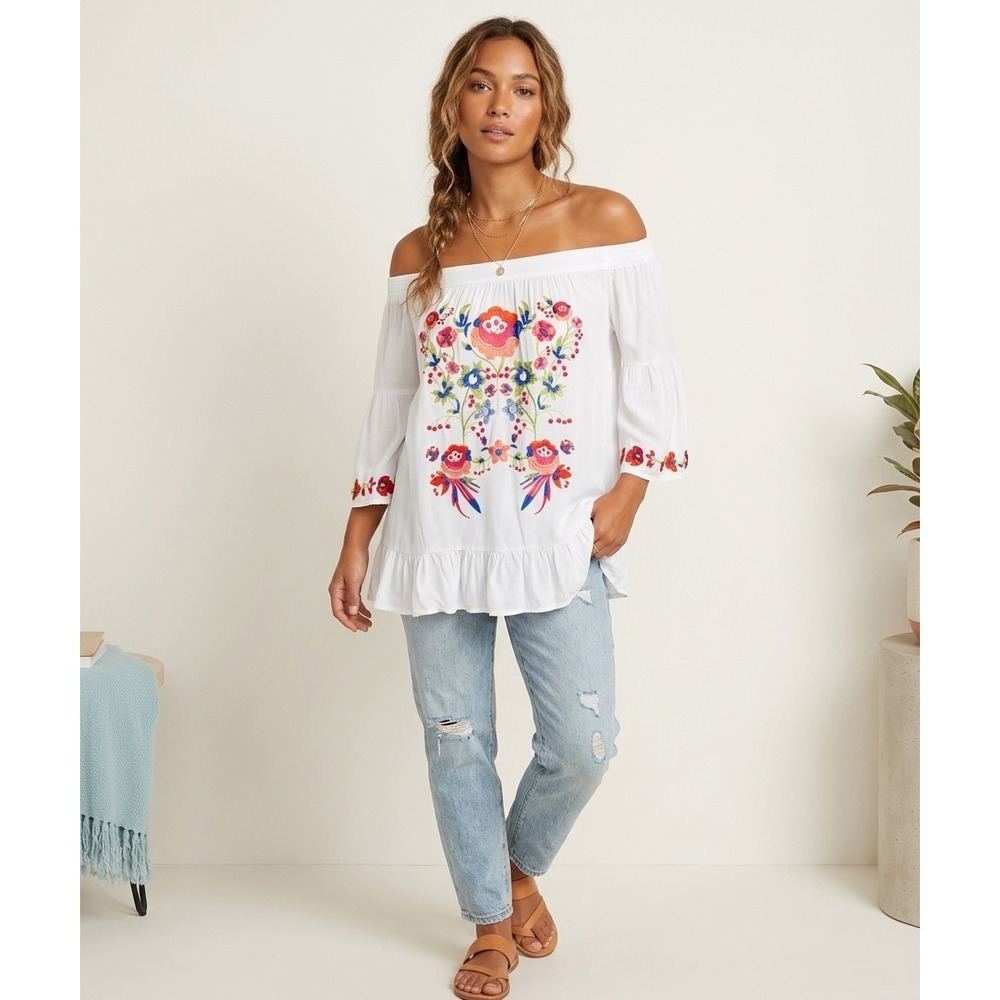 Altar'd State White Embroidered Boho Off the Shoulder Peasant Top Ruffle Hem